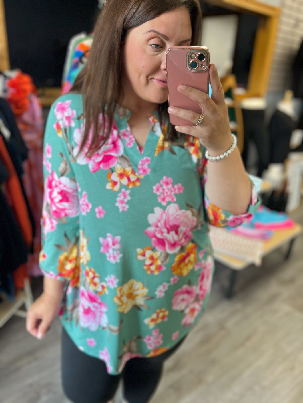 Turquoise Floral Stretch Top